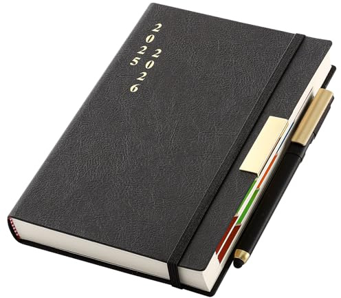 Jahresplaner 2025–2026, A5, eine Seite pro Tag, August bis August, 13 Monate 2025–2026, Hardcover, mit farbigen Monatstaschen, Stift, Stiftschlaufe, Innentasche