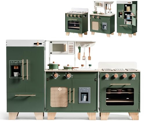 ROBOTIME Wooden Kids Kitchen Playset Series, 3-in-1 Pretend Play Toy Kitchen with Fridge, Oven, Sink, All-in-1 Realistic Cooking Toy Appliance for Toddlers Aged 3+ (Vintage Green)