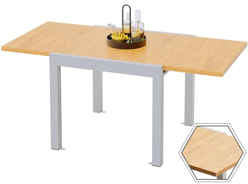 Devoko Aluminium Ausziehbarer Gartentisch, Wetterfest 80-160x80x75cm Outdoor Esstisch für 4-6 Personen mit Sonnenschutz, Leicht zu Reinigen, Original Holzfarbe