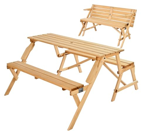 VEVOR Tavolo da Picnic Trasformabile Intercambiabile, Set Tavolo e Panca in Legno per Esterni, Panca Pieghevole Portatile con Foro per Ombrellone, Mobili da Pranzo per Patio per Giardino, Marrone