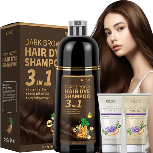 RILSIC Shampoo Colorante, 500ml Hair Dye Shampoo 3 in 1 & 50ml Shampoos & 50ml Balsamo, Colorante Tinta Capelli Istantaneo, Naturale Hair Color per Donna Uomo (Castano Scuro, 600ML)