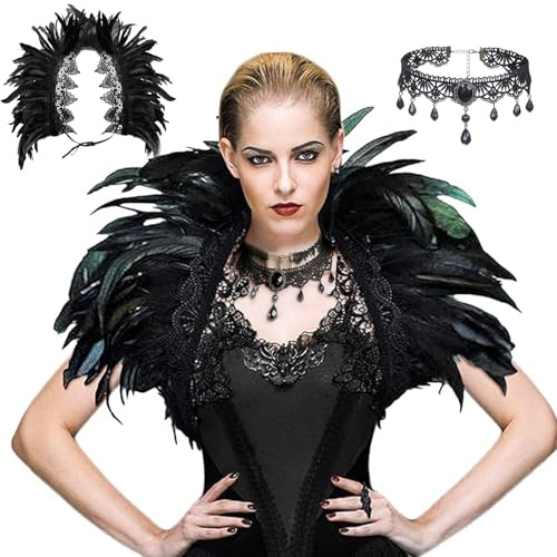 Federkragen Schwarz Spitze, mit Gothic Retro Spitzenhalskette, Faschingskostüm, Halloween-Maskerade, Raben-Kleidung, Karneval-Umhang, Damen-Federumhang, Cosplay-Federcape, Achselzucken-Federaccessoire