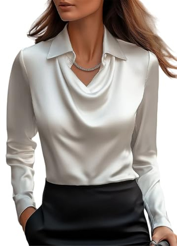 MorFansi Camicia Donna in Raso di Seta con Collo a Cascata Elegante Maniche Lunghe Unita Shirts Classico Tops Bluse (Bianco,M)
