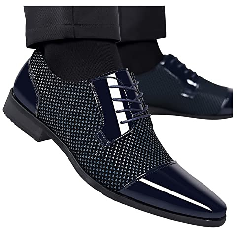 Zapatos de traje, zapatos de negocios, zapatos de piel, elegantes, para hombre, con cordones, de piel, para boda, de noche, con cordones, zapatos formales, zapatos clásicos de charol, O Azul Oscuro