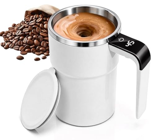 Wapasezyar Tazza automescendente, Becher automescendente con display della temperatura, 304 in acciaio inossidabile, magnetico, shaker elettrico con manico per cioccolata calda, caffè, latte (Bianco