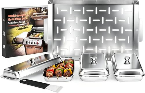 Heimlyn Edelstahl Grillpfännchen 4-teilig Set, Vielseitige Grillschalen für Gas-, Holzkohle- & Ofengrill, Universell Einsetzbaren Grillschalen für Gemüse, Fleisch, Käsefondue, Spülmaschinengeeignet