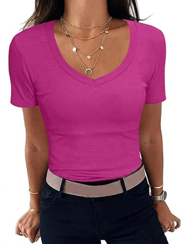 Aottori T-Shirt Donna Scollo a V Maniche Corte Costine | Cotone, Magliette Estivo, Tops Basic, Elegante, Aderente Elasticizzato, Tinta Unita, Maglia Sexy Casual
