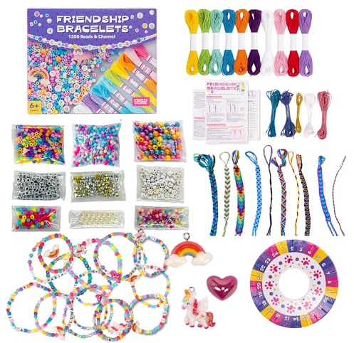 CRAFTY CATS Freundschaftsarmbänder Bastelset – 1350 Perlen & Charms, 2-in-1 Knüpfen & Loom, 10×8 m Fäden, elastische Schnüre, Buchstabenperlen, Schmuck selber machen Set für Kinder ab 6 Jahren