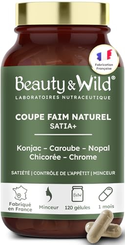 Beauty&Wild Coupe Faim Naturel SATIA+ – Konjac, Nopal, Caroube, Chrome, Contrôle de l’Appétit et Satiété, 120 Gélules, Fabriqué en France