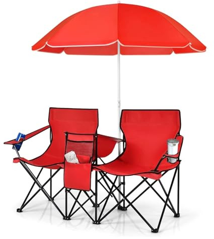 XYTTD Sillas de Camping Dobles y portátiles — Sofá biplaza Plegable con sombrilla Desmontable, Bolsa térmica y portavasos — Ideal para pícnics, Patios, la Playa y la Pesca,Rojo