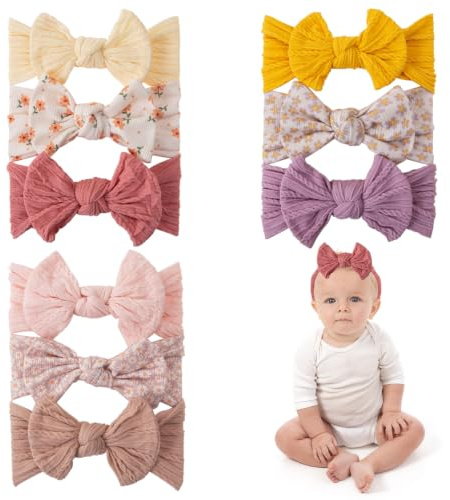 9 Pack Baby Girl Headbands and Bows, Ultra Soft Stretchy Nylon Headbands for Newborn Infants Toddlers, Cute Hair Accessories Gift Set for Kids