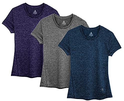 icyzone Sport T-Shirt Damen Kurzarm Laufshirt - Atmungsaktive Fitness Gym Shirt Sport Oberteile, 3er Pack (XXL, Royal Blue/Purple/Charcoal)