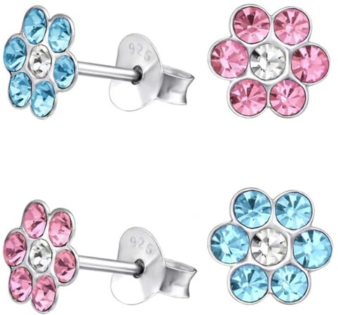 Kristall Blume Ohrstecker 925 Echt Silber Ohrringe Kinder Mädchen Geschenkidee