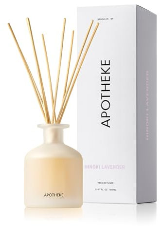 Apotheke Luxury Scented Reed Diffuser for Home, Hinoki Lavender - 6.7 Fl Oz Essential Oil Aromatherapy - 10 Rattan Scent Sticks Room Diffuser - Long-Lasting Fragrance for Bedroom, Home, Bathroom