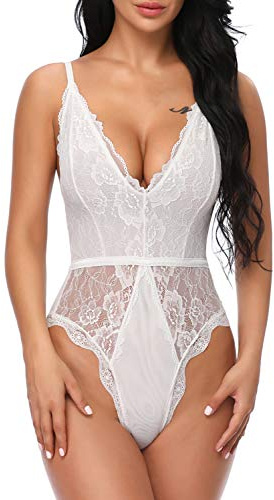 EVELIFE Women Sexy Teddy Lingerie One Piece Lace Babydoll Deep V Neck Bodysuit, White M
