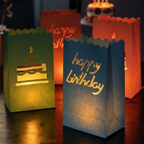 Lichtertüten Papierlaterne - 12er Set - 26 x 15 x 9cm - birthday bunt - Wiederverwendbar Lichttüten - Tischdeko Geburtstag Candle Bags für Birthday Party - Teelichter LED Kerzen Kerzentüten