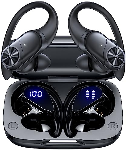PocBuds Bluetooth Headphones Wireless Earbuds 80hrs Playtime Wireless Charging Case Digital Display Sports Ear Buds with Earhook Deep Bass IPX7 Waterproof Over-Ear Earphones for TV Phone Laptop Black