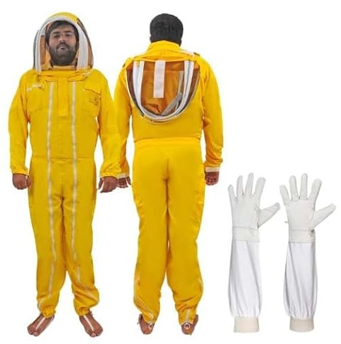 URBANSBEE Tuta Apicoltore Cotone Fantasia Professionale Abito Apicoltura con Cappello e ampia tasca per gli apicoltori api Tuta Naturale traspirante (L, Giallo Con Cappello Fantasia)