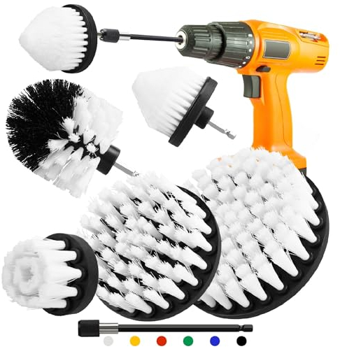 Drill Scrub Brush Set, 5pcs 1/4in Power Scrubber with 1pcs Extend Long Attachment, for Showers, Tubs, Bathroom, Tile, Grout, Carpet (5 brushes white)