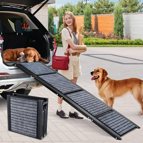 Extra lång 170 cm hundramp bil vikbar, hundtrappa bil med hög traction matta yta, halkfri hundramp för bilar, lastbilar och SUV:ar, stabil ramp hund för stora och medelstora hundar upp till 110 kg