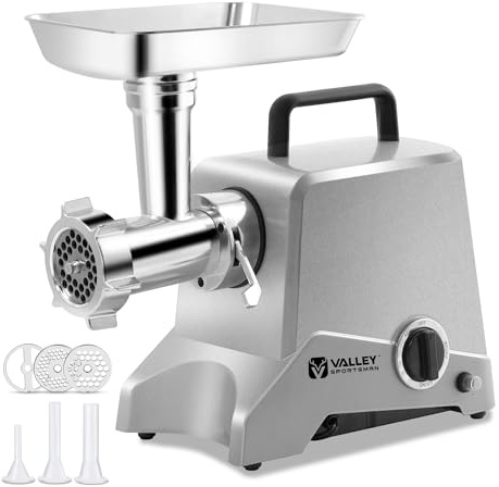Valley Sportsman Electric Meat Grinder - Heavy Duty Meat Grinders with Sausage Stuffer Tube, Grinding Plates, ETL Approved Stainless Steel Meat Grinder for Home & Commercial Use (Silver)