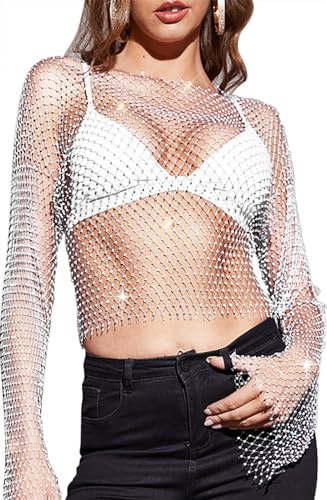 Liutufy Haut à manches longues en maille avec strass pour femme - Élégant et transparent, blanc, 70-100cm/30-42.5in