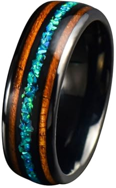 Beydodo Herren Ring Personalisiert, Wolfram Ringe 8MM mit Opal und Holz Bandring Freundschaftsringe Schwarz Ringe für Männer Größe 62 (19.7)