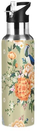 Japanese Bird Flower Insulated Water Bottle Stainless Steel Kids Sport Thermos Jug with Straw Lid Vintage Summer Floral Water Flask Leakproof Thermos Bottle for Bike Running Walking Outdoor 20 Oz