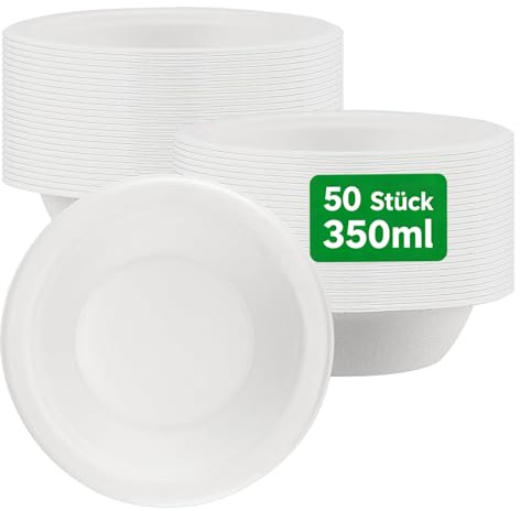 HEIYUET 50 Stück Suppenschalen Einweg 350ml, Pappschalen Einweg Weiß Zuckerrohr Einweg Schüsseln, kleine Suppenschüsseln Pappe für Party, Geburtstag, Camping, Grillparty