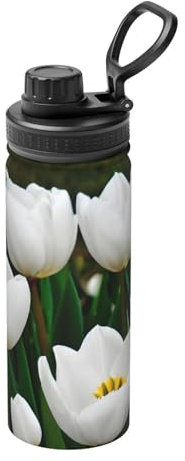 Yqxwjl Botella de agua con estampado de flores de tulipanes blancos, botella de agua de acero inoxidable de 18 onzas, botella de agua deportiva para hombres y mujeres