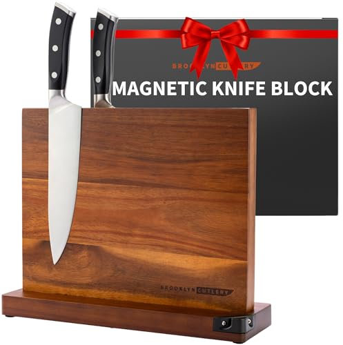 BROOKLYN CUTLERY Magnetic Knife Block, Acacia Wood Magnetic Knife Holder for Kitchen Counter Universal Knife Block Without Knives (12 x 10 With Sharpener)