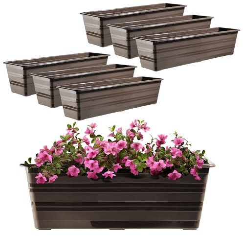 KADAX Set de 6 x 60 cm Jardinera Marrón, Maceta de balcón de plástico, resistente a la intemperie, maceta, maceta, barandilla para flores
