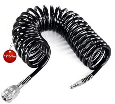 SRJQXH 5m Tuyau Air Comprimé, Spirale Tuyau Compresseur D'air, Diamètre 12x8 mm Flexible Compresseur Air, Noir, avec Connecteur, pour la Maison, L'atelier, L'atelier de Réparation Automobile