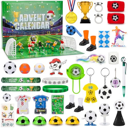 Fotbollsadventskalender 2025, 24 dagars julnedräkning med julklapper för pojkar och flickor. Adventskalender med fotbollstillbehör. Julstrumpor och julklappar. Världsfotbollspresenter för fotbollsfans