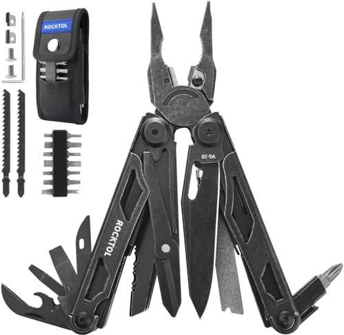 ROCKTOL Multitool, VG-10 Blade, 29-in-1 Multitool Pliers with Replaceable Wire Cutters and Saw, Heavy-duty Stainless Steel Multi-tool Set and Nylon Sheath for Camping Survival multi tool for Man