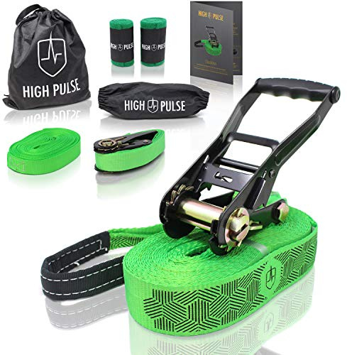 High Pulse® Slackline kit|15m -Set completo di cricchetto e protezione, corda ausiliaria, corda ausialiaria bilanciamento, protezione albero e borsa (cinghia 12,5 m+cinghia cricchetto 2,5 m)