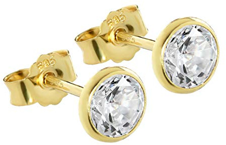 NKlaus Ohrstecker Gold 585 Echtgold mit Cubic Zirkonia, 5,5 mm, 2 Stück | Paar Ohrringe aus 14 Karat Gelbgold; funkelnder Kristall, leicht und bequem, für Damen, Herren und Kinder
