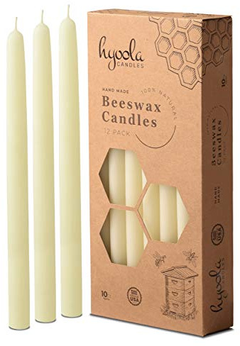 Hyoola 10 Beeswax Taper Candles 12 Pack - Handmade, All Natural, 100% Pure Unscented Bee Wax Candle - Tall, Decorative, White - 10 Hour Burn Time