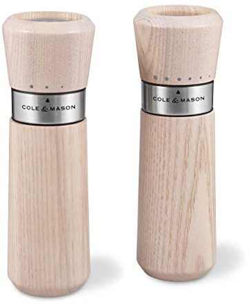 Cole & Mason H331907 Lyndhurst Salz und Pfeffermühle, 2er Set Manuell, Nordisches Weiß, Esche/Edelstahl, 185mm, Gourmet Precision+, Geschenkset