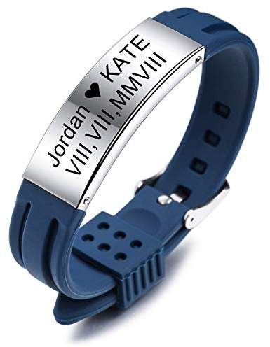 MeMeDIY Bracciale Personalizzato con Nome Incisione Personalizzata per Uomo Donna Ragazzi Ragazze Gomma da Polso in Silicone Sport Identificazione Identificativa (Blue Colore, Argento Tono Etichetta)