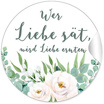 72 STICKER Wer Liebe sät, wird Liebe ernten Etiketten als Gastgeschenk BOHO HIPPIE STYLE ZWEIGE BLÜTEN ROSEN BLÄTTER GRÜN WEIß für Samen Tüten Reagenzgläser Blütensamen zur Hochzeit Geburtstag