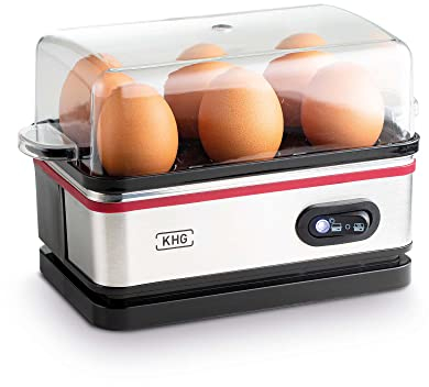 KHG Eierkocher EK-600SE 6 Eier Edelstahl leicht mit Warmhaltefunktion in einzigartigem Retro-Design einfache Bedienung mit Alarmfunktion und Messbecher 400 Watt