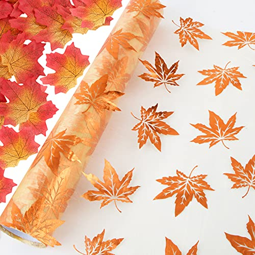 Tischdeko Herbst 4,5m x 30cm Herbst Tischläufer mit 50 x Ahornblatt Streudeko aus Stoff - Ahornblatt Tischdekoration für Herbstfest, Erntedankfest, Party Bankett Deko, DIY Türschleife usw.