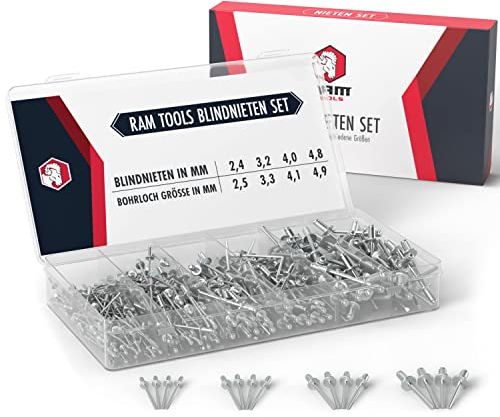 RAM TOOLS® Blindnieten Set | 400 tlg Nieten Set | UNIVERSELL passend für Nietzange | Profi Poppnieten Set | Popnieten 4 Größen für Poppnietzange