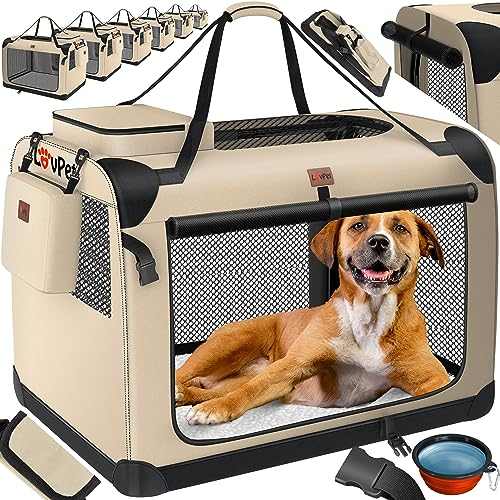 Lovpet® Transportbox Hund Katze Transporttasche XXL 91,4x63,5x63,5cm | Hunde-Tragetasche Faltbare Katzentasche | Haustier-Transportbox inkl. Hundenapf & Schultergurt | für Katzen & Hunde Beige