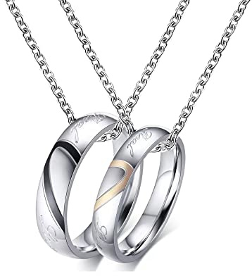 KunBead Jewelry Heart Ring Necklace Matching Couple Necklaces Puzzle for Him and Her sets for 2-Stainless Steel for Women Men
