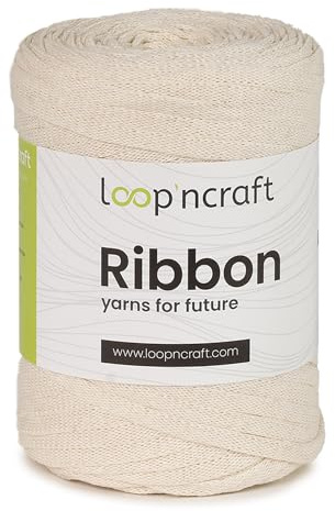 Loopncraft Fettuccia per borse uncinetto in cotone riciclato ribbon 250gr, fettuccia per cestini, fettuccia per culle (Panna)