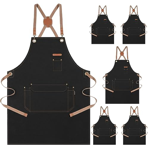 Genixart Kochschürze für Männer und Frauen mit Taschen, Leinenschürzen für Küche, Kochen, Künstlermalerei, Arbeitsschürze für Server (schwarz, 6 Stück)