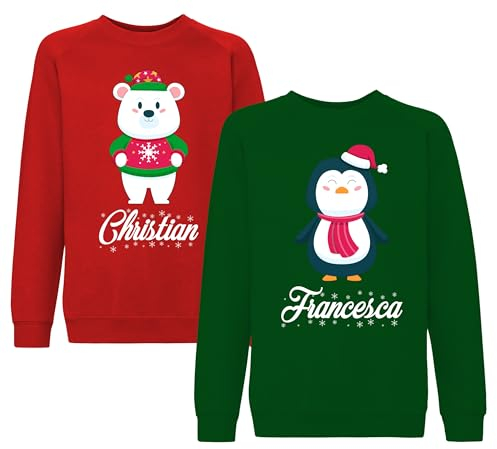 fashwork - Coppia Felpe Personalizzate Natalizie con Nome, Felpa Uomo e Donna Girocollo Rossa e Verde, Felpe Merry Christmas Idee per Regali Natale Originali (Orso Polare e Pinguino)