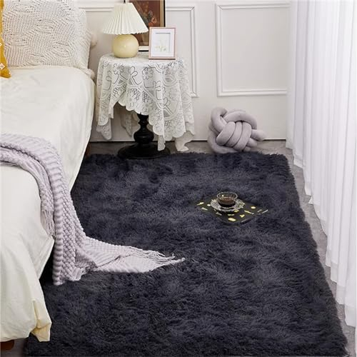 Treer Teppich Wohnzimmer Flauschig, Soft Modern Area Rug Weich Shaggy Teppiche Hochflor Langflor rutschfest Fellteppich Kunstfell Fell Carpet für Schlafzimmer (160x200cm,Dunkelgrau)